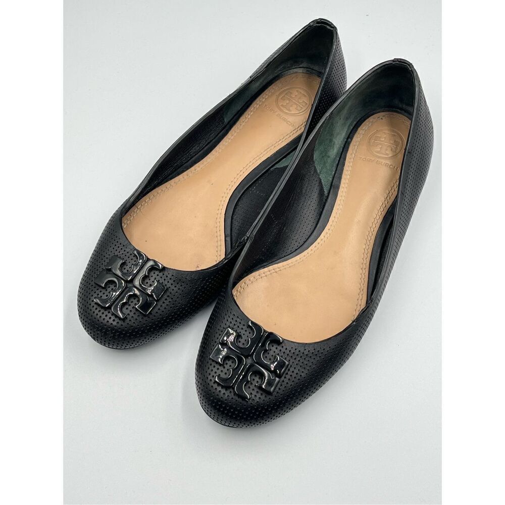 Tory Burch Lowell 2 Perforated Black Leather Ballerina Ballet Flat w Logo Size 7